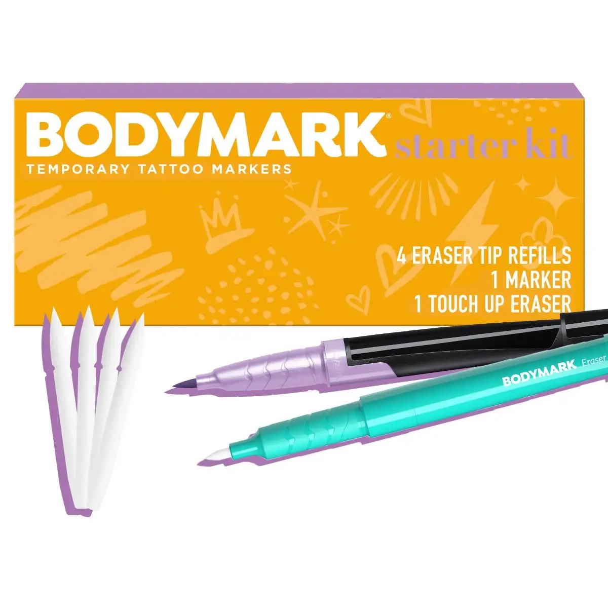 BODYMARK Starter Kit Includes New Eraser Touch Up Pen, Temporary Tattoo Marker for Skin, Premium Brush Tip