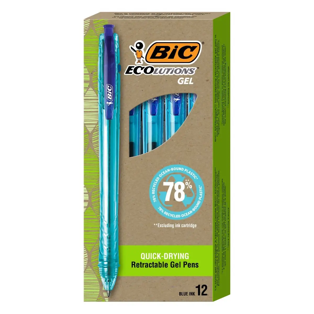 BIC Ecolutions Ocean-Bound Plastic Gel Pens, Medium Point (0.7mm), Retractable Blue Ink Pens Made from 78% Ocean-Bound Recycled Plastic Excluding Ink Cartridge