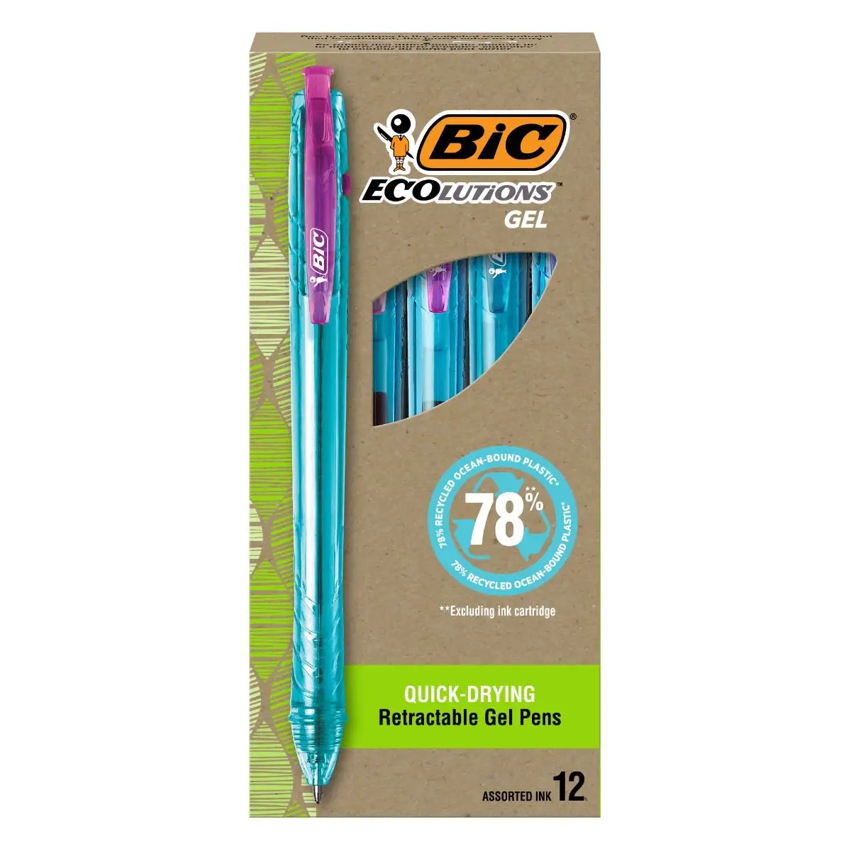 BIC Ecolutions Ocean-Bound Plastic Gel Pens, Medium Point (0.7mm), Retractable Assorted Ink Pens Made from 78% Ocean-Bound Recycled Plastic Excluding Ink Cartridge