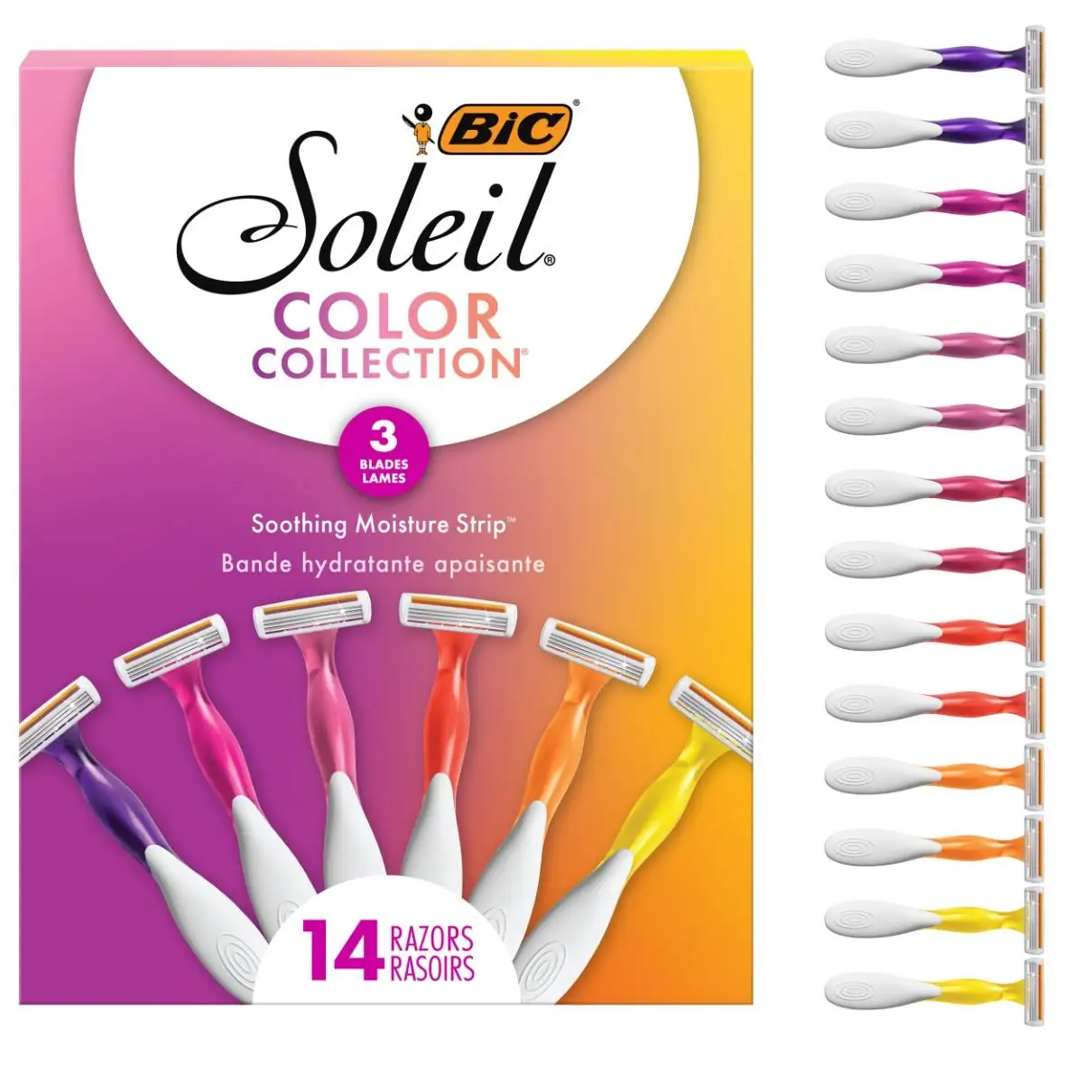 BIC Soleil Smooth Colors Women's Disposable Razors With Aloe Vera and Vitamin E Lubricating Strip for Enhanced Glide, With 3 Blades
