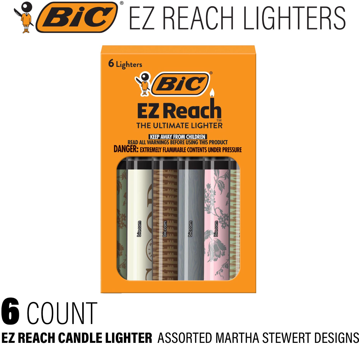 BIC EZ Reach Candle Lighter, The Ultimate Lighter with Wand for Candles, Assorted Martha Stewart Designs