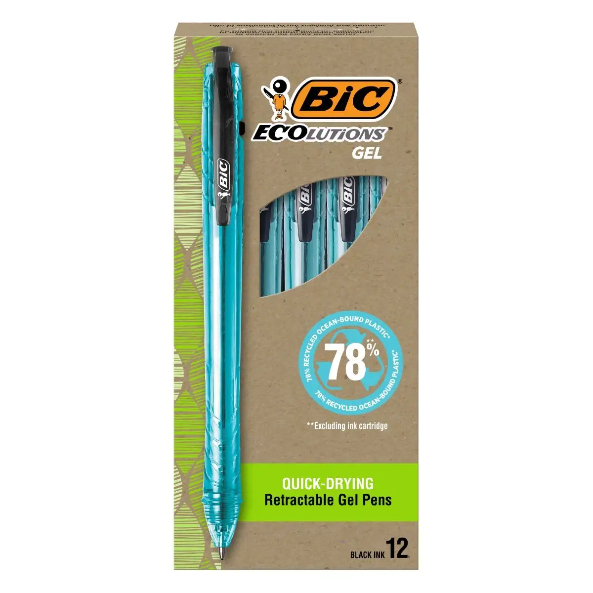 BIC Ecolutions Ocean-Bound Plastic Gel Pens, Medium Point (0.7 mm), Retractable Black Ink Pens Made from 78% Ocean-Bound Recycled Plastic Excluding Ink Cartridge