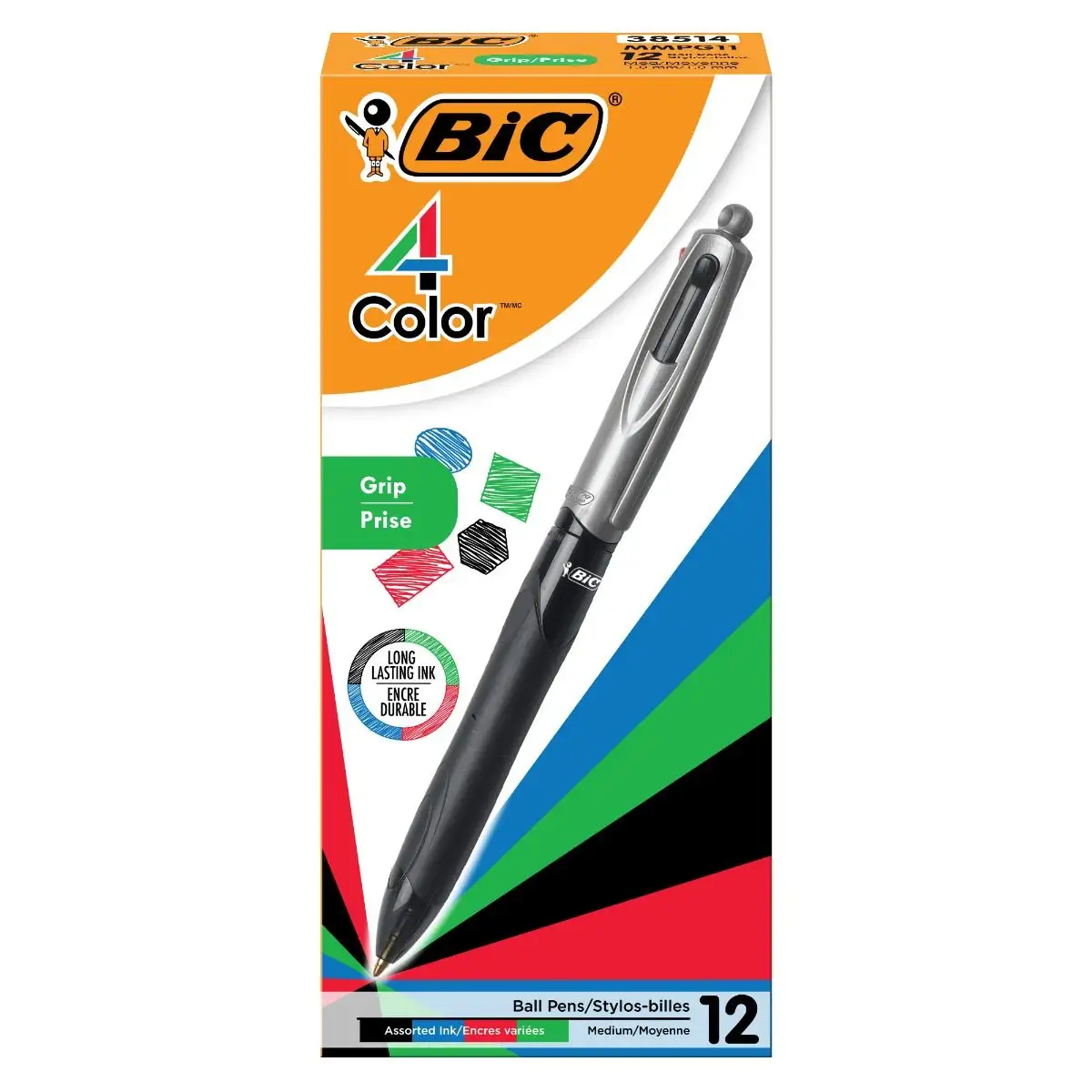 BIC 4-Color Grip Retractable Ball Pens, Medium Point (1.0mm), Retractable Ball Pen With Long-Lasting Ink