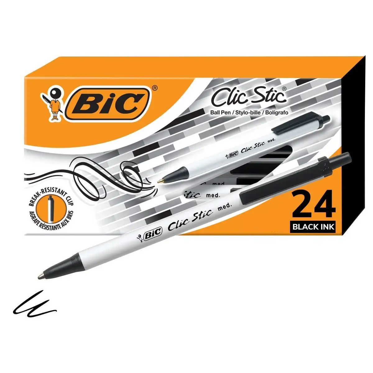 BIC Clic Stic Black Retractable Ballpoint Pens, Medium Point (1.0mm), Round Barrel Design for Comfortable Writing