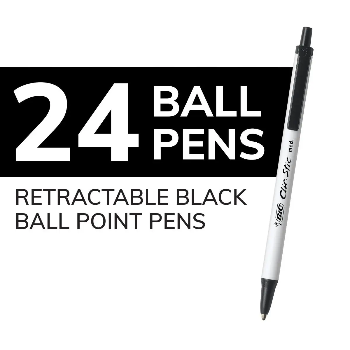 BIC Clic Stic Black Retractable Ballpoint Pens, Medium Point (1.0mm), Round Barrel Design for Comfortable Writing