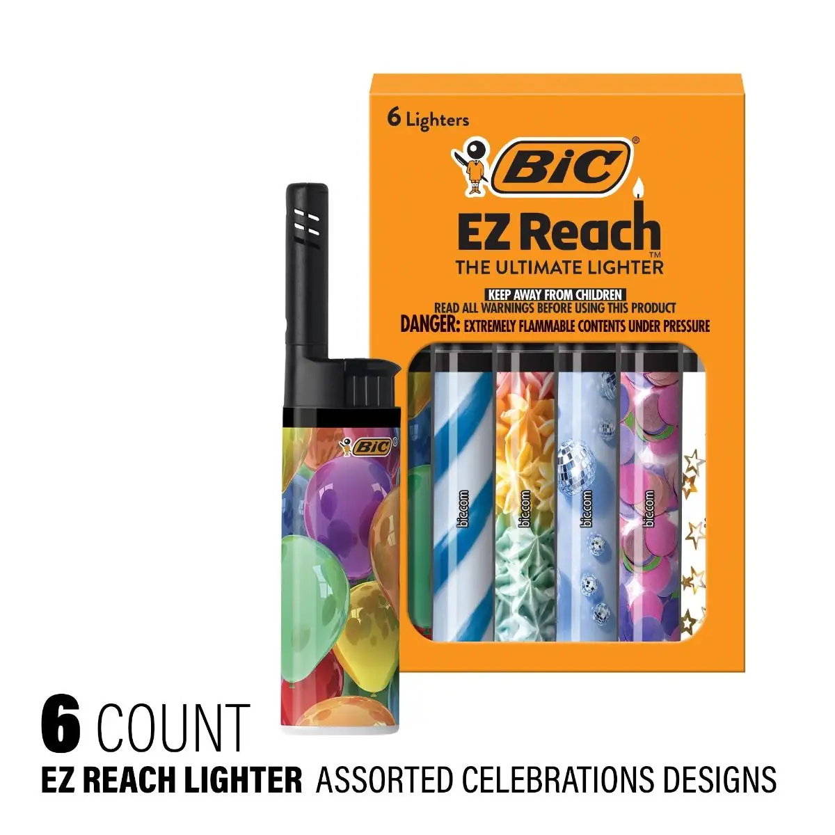 BIC EZ Reach Celebrations Series Lighters, Candle Lighters, Assorted Designs
