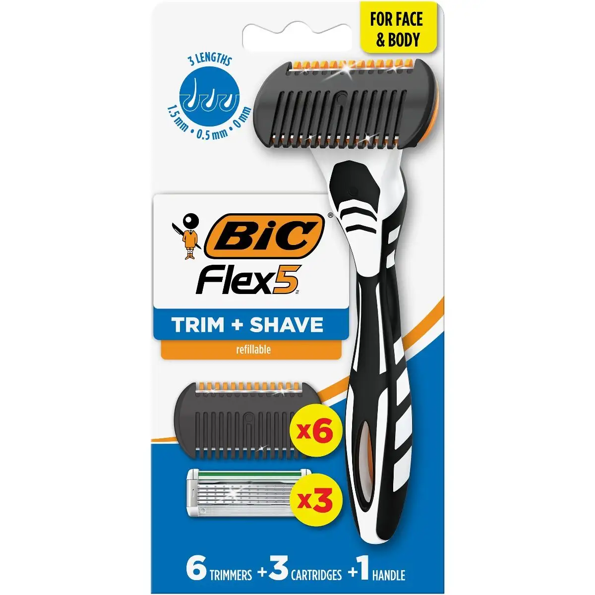 BIC Flex 5 Trim and Shave Body and Beard Trimmer for Men, 5 Blades, 3-in-1 Grooming Kit