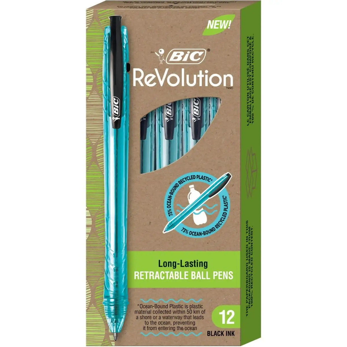 BIC ReVolution Ocean-Bound 73% Recycled Plastic Ball Pen, Medium Point (1.0 mm), 100% Recycled Packaging