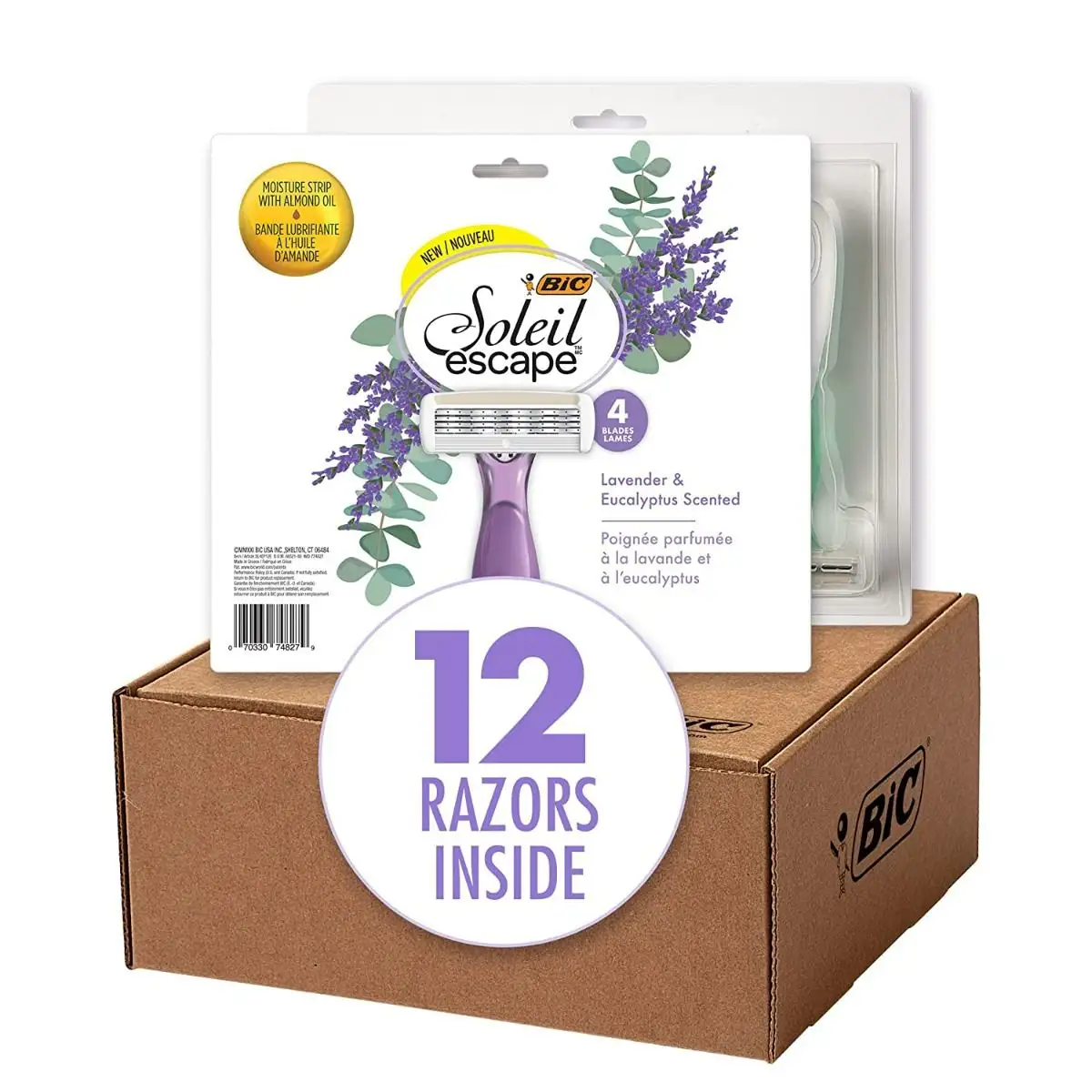 BIC Soleil Escape Women's Disposable Razors, 4 Blade Razor, Moisture Strip With 100% Natural Almond Oil, Lavender and Eucalyptus Scented Handles