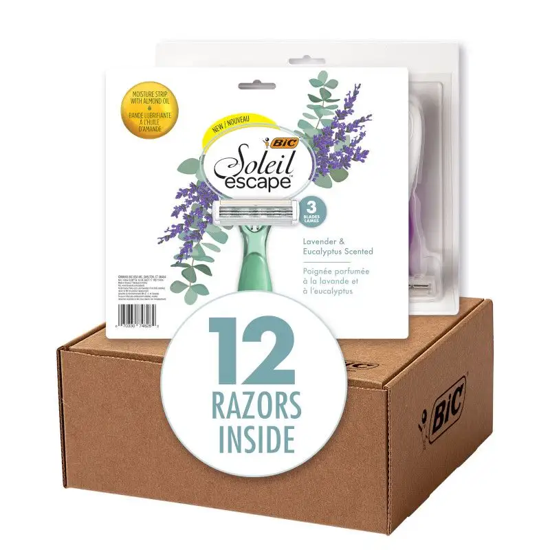 BIC Soleil Escape Women's Disposable Razors, 3 Blade Razor, Moisture Strip With 100% Natural Almond Oil, Lavender and Eucalyptus Scented Handles