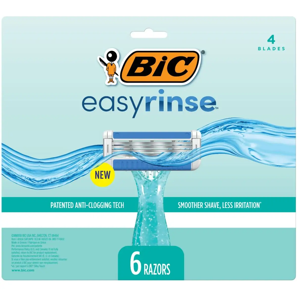 BIC EasyRinse Anti-Clogging Women's Disposable Razors for a Smoother Shave, Razors With 4 Blades
