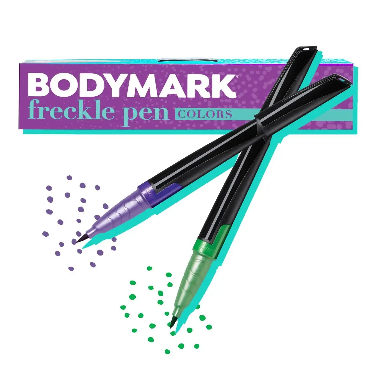 BodyMark Color Freckle Faux Freckle Pen Set, Soft Brush Tip, Green and Purple, Cosmetic Quality Freckle Pens for Skin